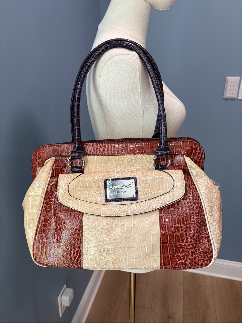 GUESS Croc Embossed Satchel Cream Brown Purple Patent Shoulder Handbag